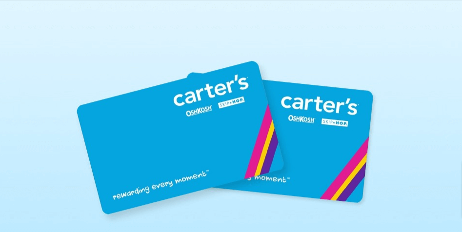 A shopping bag with the Carter's logo and a credit card, representing the benefits of the Carter's Credit Card.