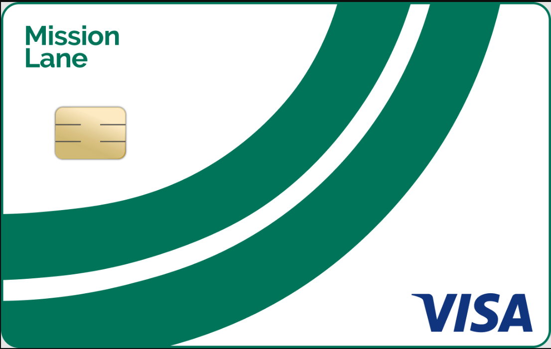 Image of the Mission Lane Credit Card: A blue credit card with the Mission Lane logo and Visa symbol on the front, designed for credit-building with no security deposit, credit reporting, and an annual fee.